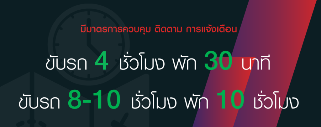 มาตรการควบคุม ติดตาม การำักรถ-ใช้รถ
ขับรถ 4 ชั่วโมง พัก 30 นาที
ขับรถ 8-10 ชั่วโมง พัก 10 ชั่วโมง